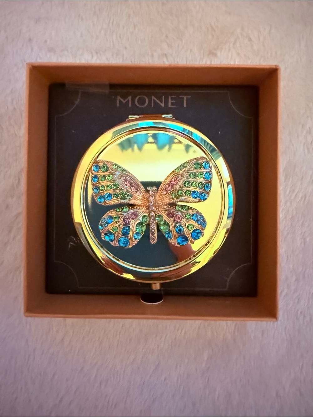 NWT~Monet Gold Compact Mirror with Multicolor Crystal Butterfly Accent